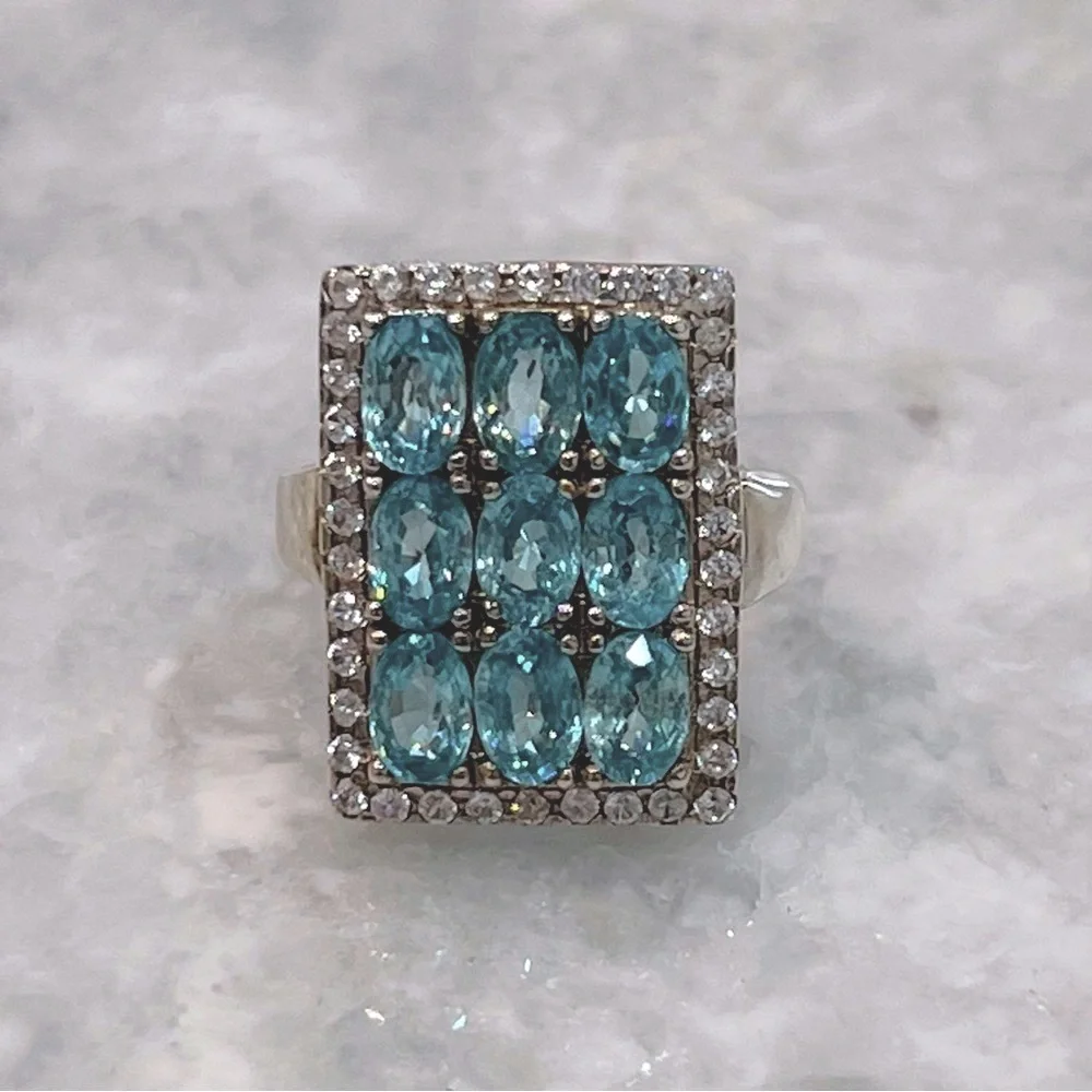 Cambodian Blue Zircon White Zircon Sterling Silver Rectangular Cluster R… - Picture 4 of 14